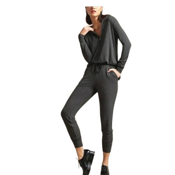 CAbi Pants - CAbi Hooded Playsuit Jumpsuit Elastic Drawstring Waistband Vented Back Gray L
